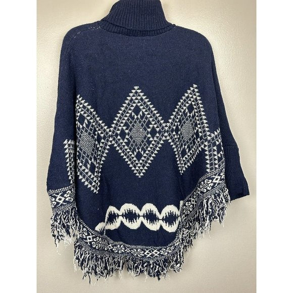 AZ Cape Poncho With Sleeves Navy With Boho Aztec Design - Picture 8 of 15